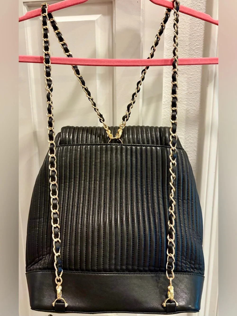NWOT HENRI BENDEL Black Leather Quilted Chain Backpack with Gold-Tone Hardware